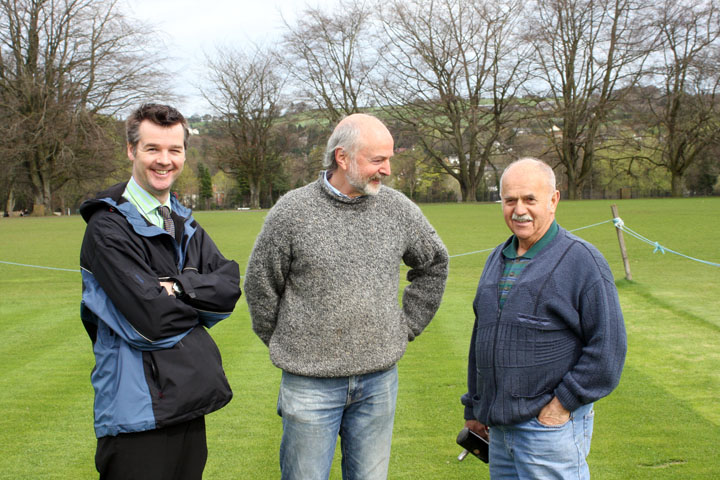 Tom Flintoft at Campbell College with Andy McCrea and groundsman inspecting their 5 relaid pitches.
